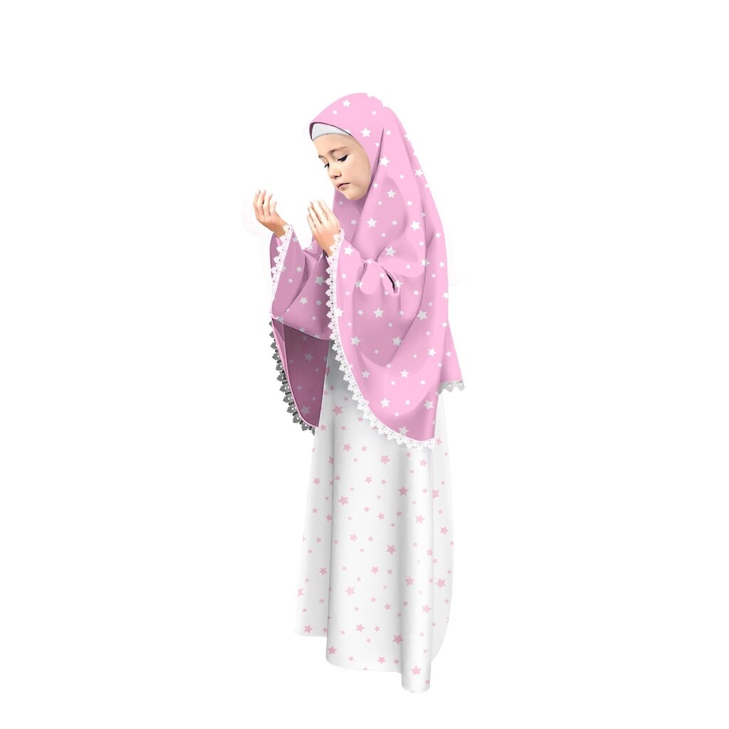 Kız Çocuk Namaz Elbisesi Pembe Rengi Yıldız Baskılı Dantel Detayl (496112810)